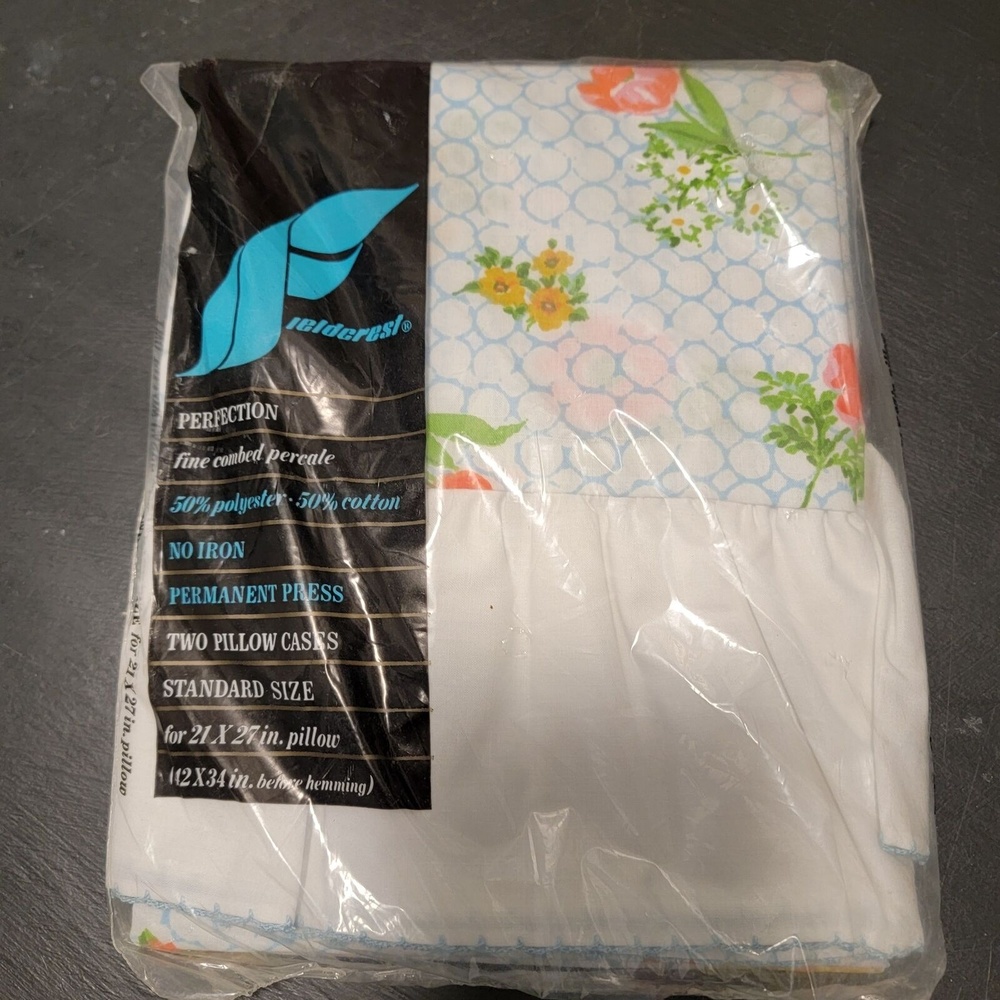 Vtg Fieldcrest White Floral No Iron Percale Two Pillow Cases Set For 21 x 27‎ in